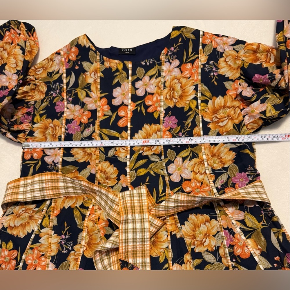 NEW Fate Floral Daydream Mini Dress Balloon Sleeves Contrasting Plaid Belt - Picture 10 of 12